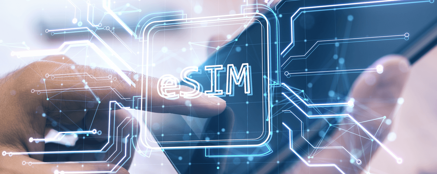 A finger points on a ipad,  eSIM